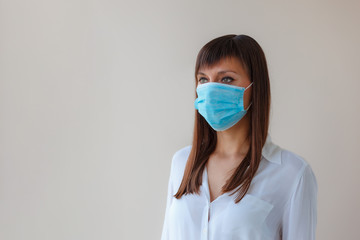 Caucasian young woman wearing respiratory protective mask for prevent infection. Medical concept protection from outbreak Covid 19 virus, cold, flu, respiratory disease
