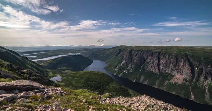 Gros Morne National Park, Newfoundland, Canada. Time lapse of ten mile pond day/evening from the top of Gros Morne Mountain. Includes 3 shots - Stationary, zoom out, and the same view 3 years earlier.