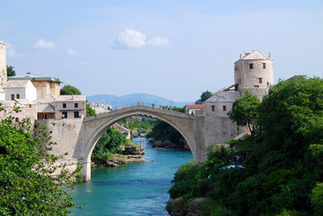Fototapeta na wymiar mosque and old bridge of Mostar in Bosnia Herzegovina