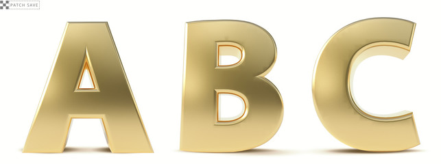Alphabet Gold. Letters A, B, C,  gold realistic 3d render. Ilustration isolated a white background. Patch save.