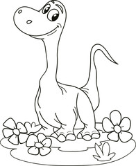 Coloring page outline of cartoon smiling diplodocus, dinosaur. Colorful vector illustration, summer coloring book for kids.
