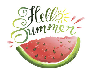 Hello summer hand drawn lettering with watermelon slice. Logo template. Vector illustration.