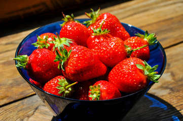 Red juicy strawberries in a blue glass bowl on the wooden deck under the sunlight.