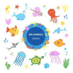 Cute sea animals stickers collection vector