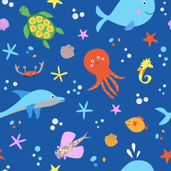 Naklejka na ściany i meble Cute seamless pattern with sea animals vector illustration