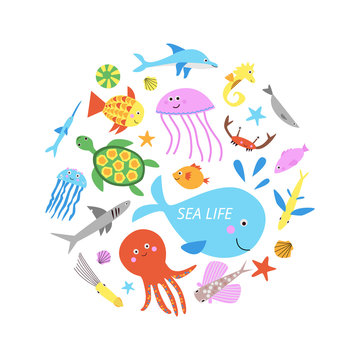 Cute sea life stickers collection vector illustration