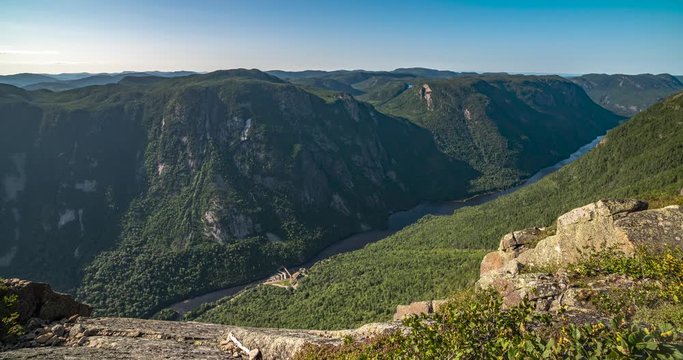 Hautes-Gorges-de-la-Rivi&egrave;re-Malbaie National Park, Quebec, Canada. Time lapse view of Malbaie River from the top of the mountain. Includes 2 versions - 1 static and 1 with a pan using full img res.