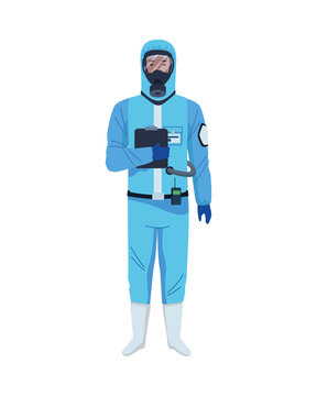 worker wearing biosafety suit blue