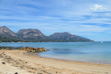 Beautiful beach in front of the mountain in Tasmania