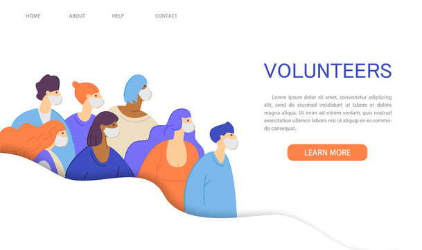 Volunteer Movement,charity And Help Of The Coronavirus Epidemic Website Landing Page. Group Of Multicultural Relief Workers In Protective Masks.