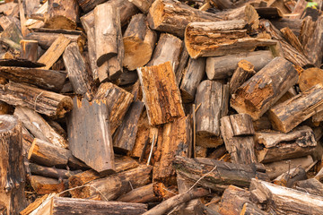 Randomly located firewood. A pile of freshly chopped firewood
