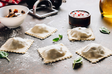 Homemade fresh Italian ravioli pasta with mushrooms on dark background.