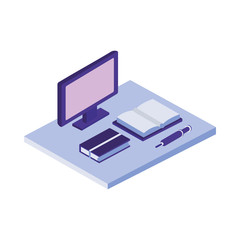 desktop with text books isometric icons