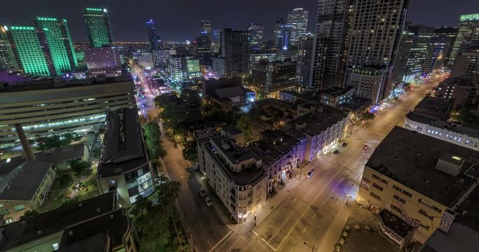 Wide angle Montreal Quebec, Canada down town night time-lapse, from a high rise building facing The Universit&eacute; du Qu&eacute;bec &agrave; Montr&eacute;al.