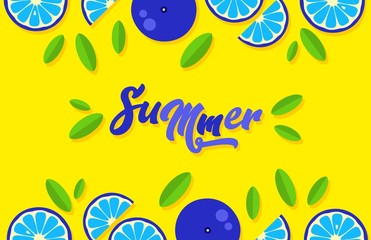 Orange background. Orange tangerine grapefruit lemon lime on a yellow background. Vector abstract illustration of summer fruits and citrus. Citrus icons and silhouettes. Original creative fruits