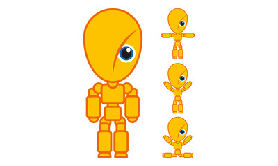 Dummie boy, crash dummie infantilized, with one eye, articulate, color orange and yellow