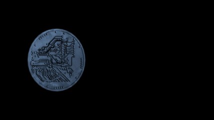 The back side of a silver bitcoin on a black background.