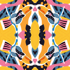 Vector seamless abstract tropical pattern with cute animal character toucans and leaves in pink, blue, yellow colors. Summer background for fabric, wallpaper, textile, wrapping paper ets. © Iuliia