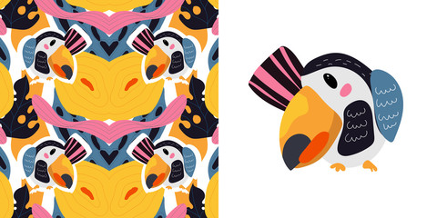 Vector seamless abstract tropical pattern with cute animal character toucans and leaves in pink, blue, yellow colors. Summer background for fabric, wallpaper, textile, wrapping paper ets. © Iuliia