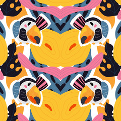 Vector seamless abstract tropical pattern with cute animal character toucans and leaves in pink, blue, yellow colors. Summer background for fabric, wallpaper, textile, wrapping paper ets.