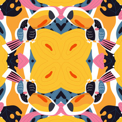 Vector seamless abstract tropical pattern with cute animal character toucans and leaves in pink, blue, yellow colors. Summer background for fabric, wallpaper, textile, wrapping paper ets. © Iuliia