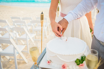 Newlyweds cut a round wedding cake close-up.