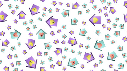 Endless seamless pattern of beautiful festive love joyful hearts in houses with keyhole on a white background. Vector illustration