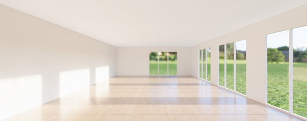 Fototapeta premium 3d rendering of empty room and wood floor shiny reflection with clear glass door in perspective view, clean and new condition use to background.