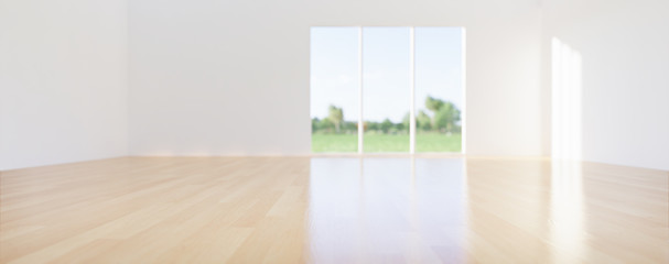 Fototapeta premium 3d rendering of empty room and wood floor shiny reflection with clear glass door in perspective view, clean and new condition use to background.