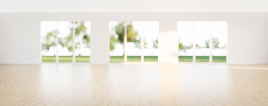 3d rendering of empty room and wood floor reflection with clear glass door in perspective view, clean and new condition use to background.