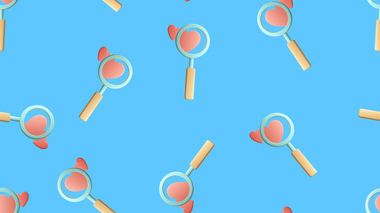 Endless seamless pattern of beautiful festive love joyful tender hearts with magnifying glasses for searching on a blue background. Vector illustration