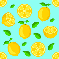 Lemon citrus repeat pattern fabric gift wrap wall texture  blue background vector 