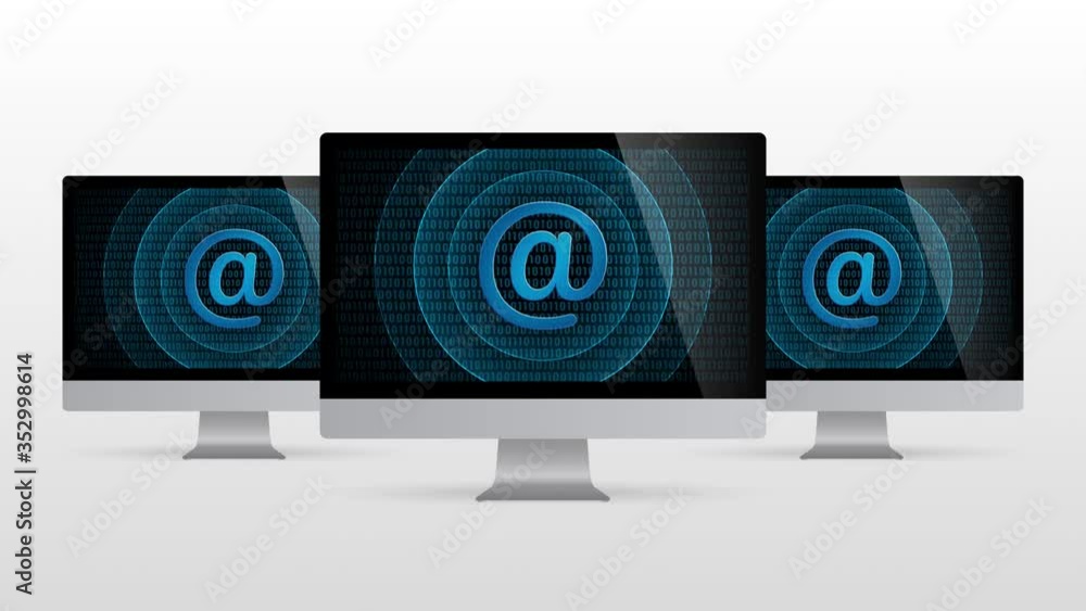 Poster computer device with at sign internet icon. realistic desktop monitor with at-sign symbol in screen 