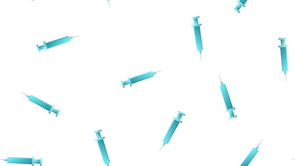 Endless seamless pattern of medical scientific medical items, pharmacological disposable sharp syringes for injections and vaccines on a white background. Vector illustration