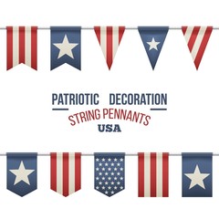 Set of patriotic bunting flags. U.S. Flag Garland. Design elements for 4th of july, memorial day, presidential election. Straight garland with flags. Vector illustration.