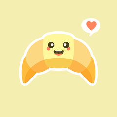 Cute and happy croissant vector cartoon character isolated on a color background.