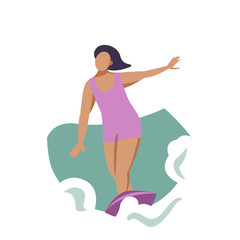 Vector summer illustration in modern trendy flat linear style - happy girl surfing - young character riding surf board