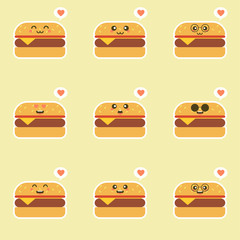 Cute cartoon hamburger. Kawaii characters in different poses. Vector illustrations set