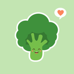 vector funny cartoon cute green smiling broccoli character isolated on color background.  vegetable broccoli. Fresh green Vegetable, Vegetarian, vegan Healthy organic food.