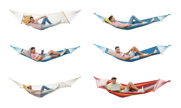 Collage with man resting in different hammocks on white background