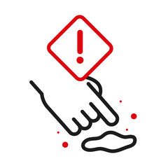 Warning banner with hand touching fluid line bicolor style icon vector design