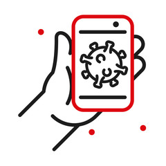 Hand holding smartphone with Covid 19 virus line bicolor style icon vector design