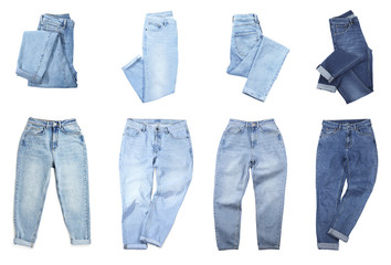 Set with stylish jeans on white background. Banner design