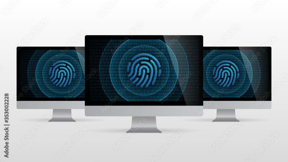 Poster computer device with finger biometric id scan. realistic desktop monitor with fingerprint symbol in 