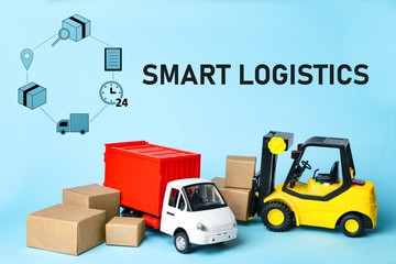 Smart logistics concept. Truck near forklift and icons on light blue background