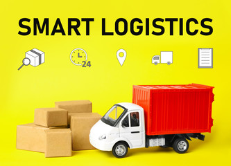 Smart logistics concept. Truck with boxes and icons on yellow background