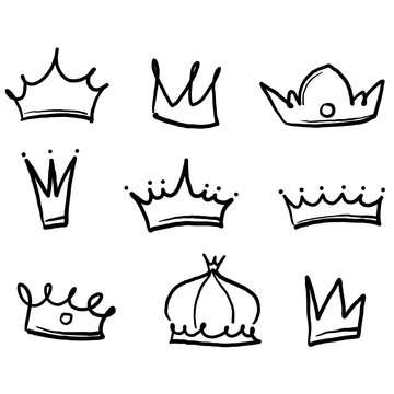 hand drawn Sketch crown. Simple graffiti crowning, elegant queen or king crowns hand drawn. Royal imperial coronation symbols, monarch majestic jewel tiara isolated icons. doodle style