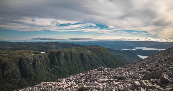 Gros Morne National Park, Newfoundland, Canada. Time lapse from the top of Gros Morne Mountain with views of mountains, ponds, Bonne Bay, east/south arm & Norris Point. Includes 2 versions.