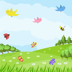 Spring or summer nature background with green grass, flowers and butterflies and bird