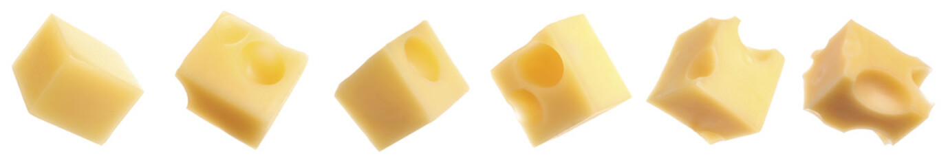 Set of delicious cheese cubes on white background. Banner design